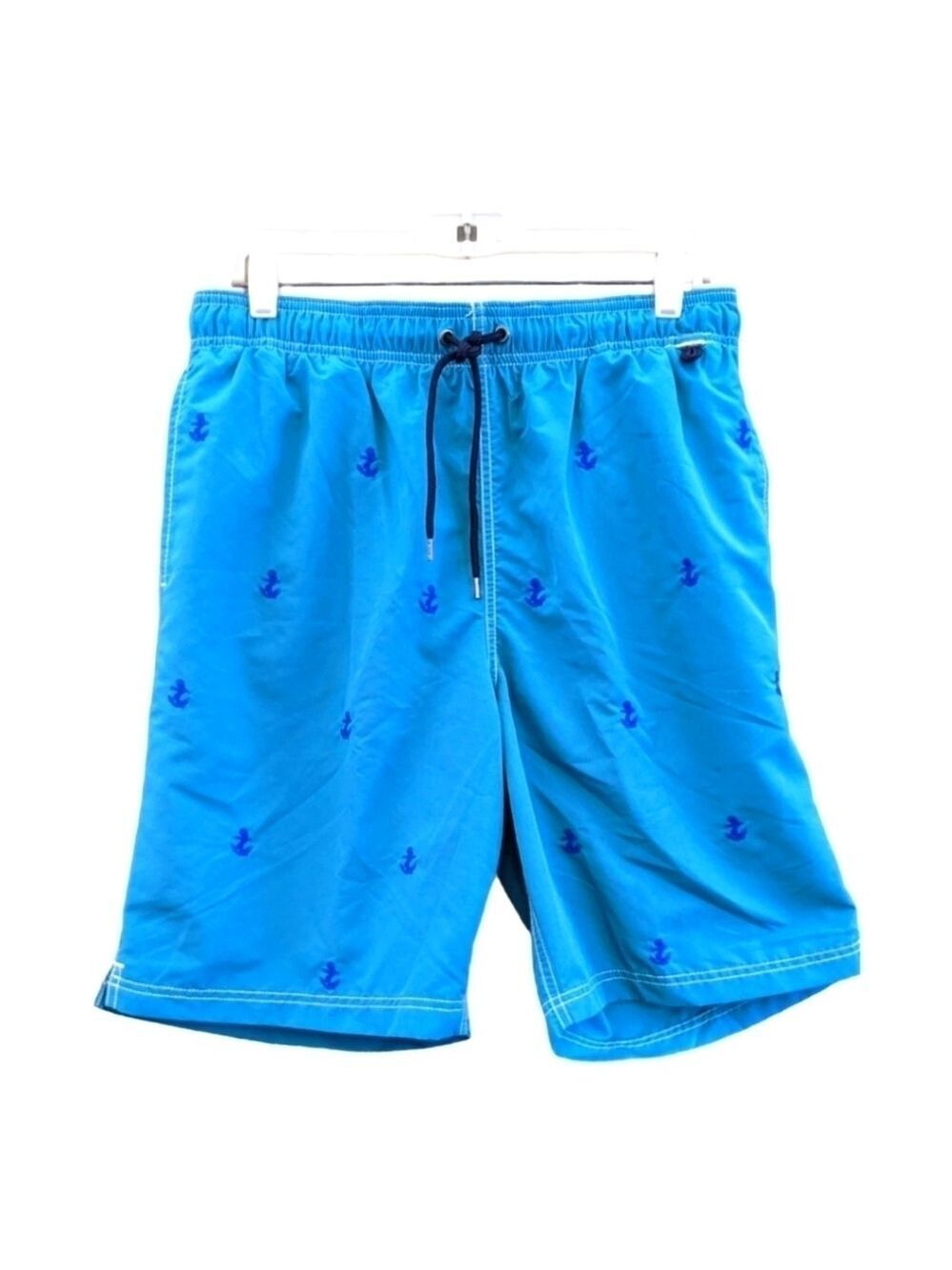 Lands End men's mesh lined teal swim trunks with embroidered anchors, Med 32-34"